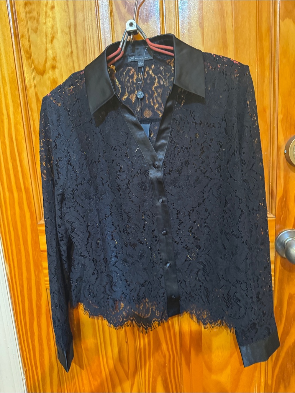 Adrianna Papell Black Lace Button-Front Blouse with Satin Trim